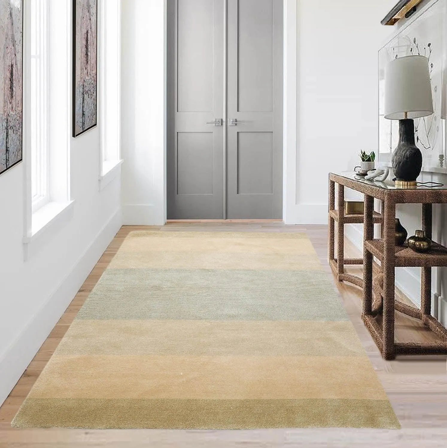 3'10''x6' Hand Knotted Tibetan Wool and Silk Tibetan Modern & Contemporary  Oriental Area Rug Aqua,Beige Color