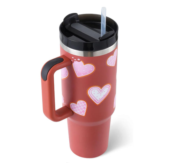 GoCrisaNd 40 Oz insulated stainless steel tumbler with handle, straw, spill-proof lid, ideal for coffee, travel, gym, and gifts.