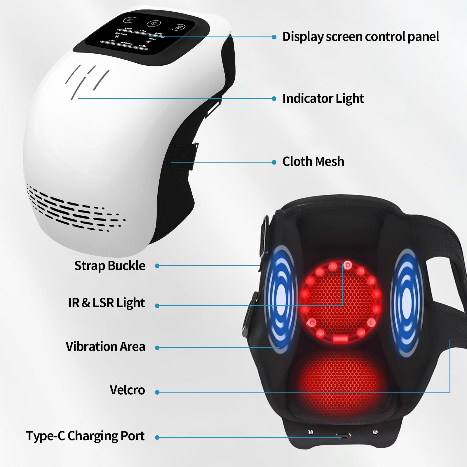 Gocrisandy electric knee massager with infrared laser and vibration for pain relief, designed for home use and rechargeable operation.