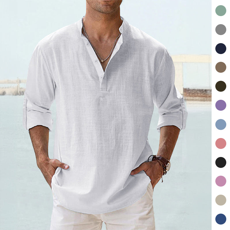 Gocrisandy men's casual cotton linen blouse, long sleeve loose shirt, spring autumn handsome men's shirt, stylish and comfortable.