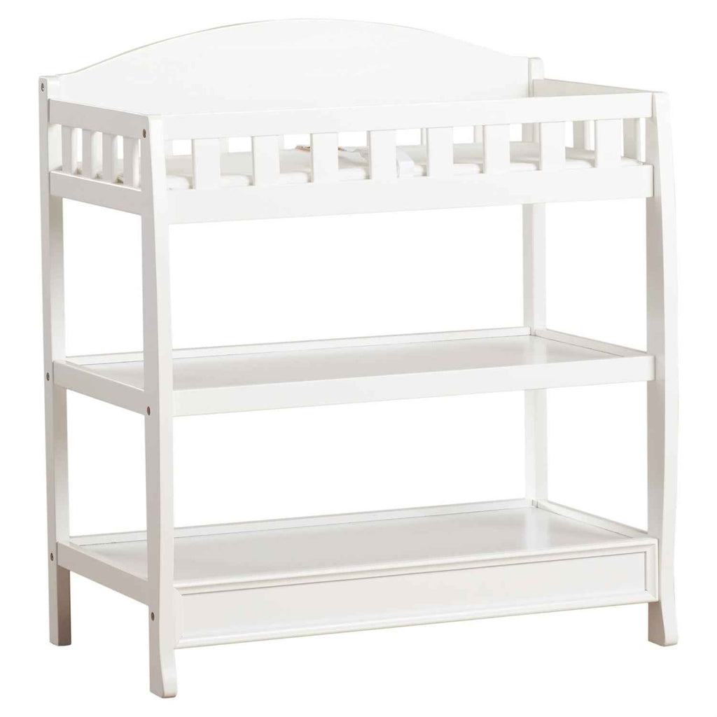 Modern White Wooden Baby Changing Table with Safety Rail Pad and Strap
