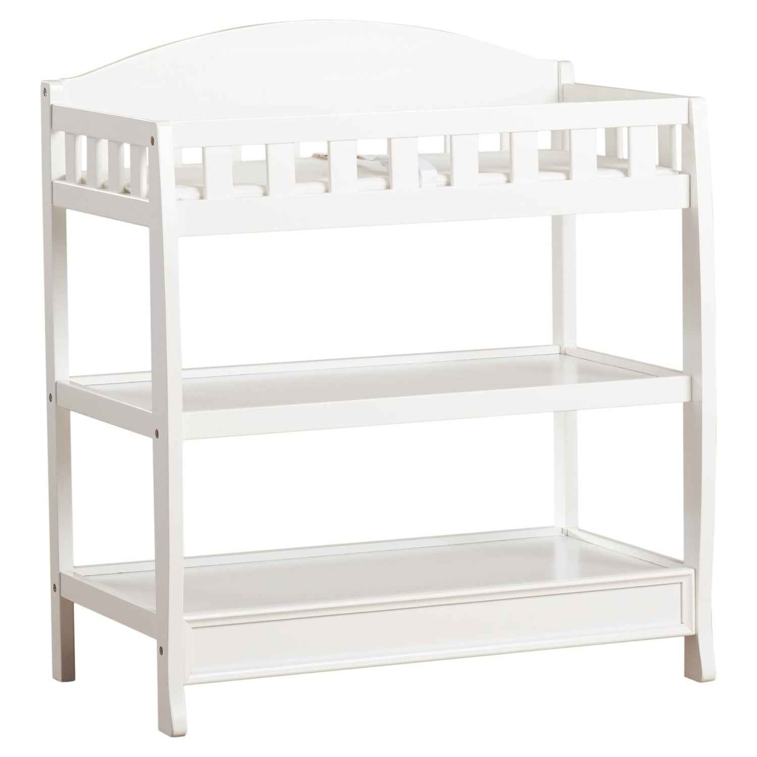 Modern White Wooden Baby Changing Table with Safety Rail Pad and Strap