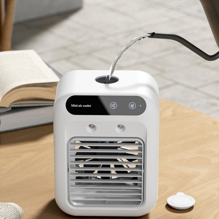 Gocrisandy portable air cooler fan with water cooling system, ideal for room, office, or car use, showing the compact design and control panel.
