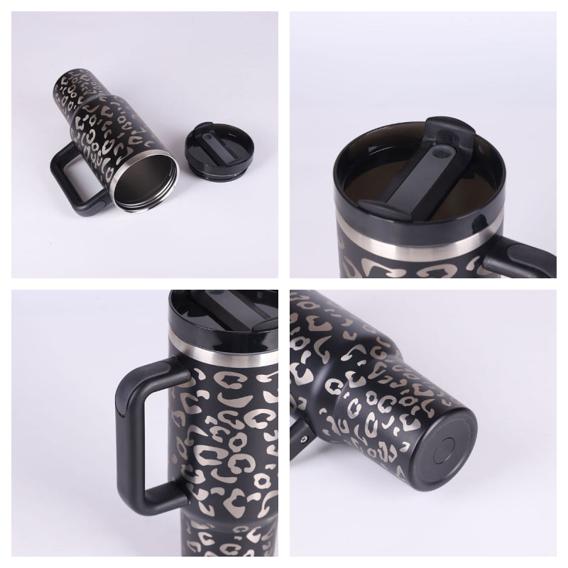 GoCrisaNdy 40 oz stainless steel insulated tumbler with handle, straw, spill-proof lid, tapered design, ideal for travel, gym, or office.