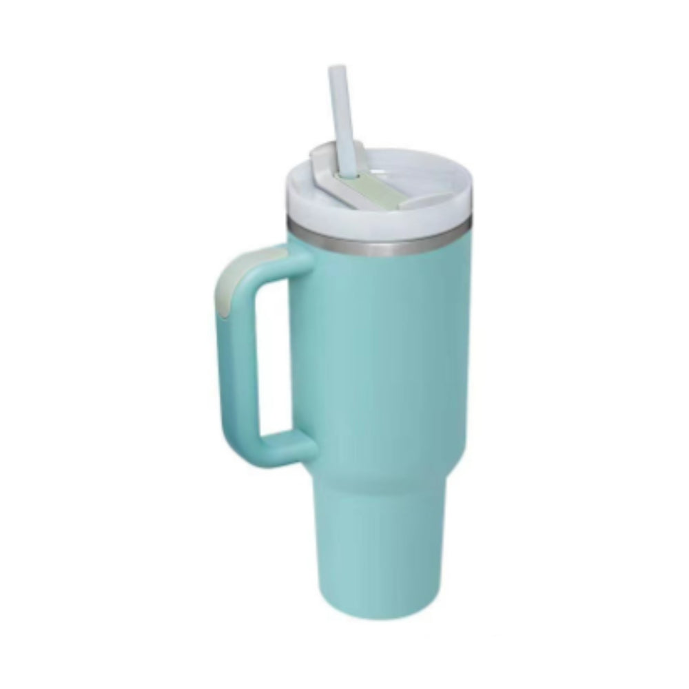 GoCrisaNdy 40 oz insulated stainless steel tumbler with handle, straw, spill-proof lid, perfect for travel, gym, or office use.