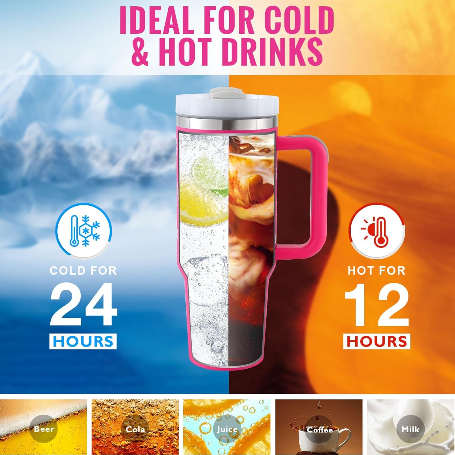 Gocrisandy 40 oz stainless steel insulated tumbler with handle, straw, spill-proof lid, tapered design, ideal for travel, gym, or office.